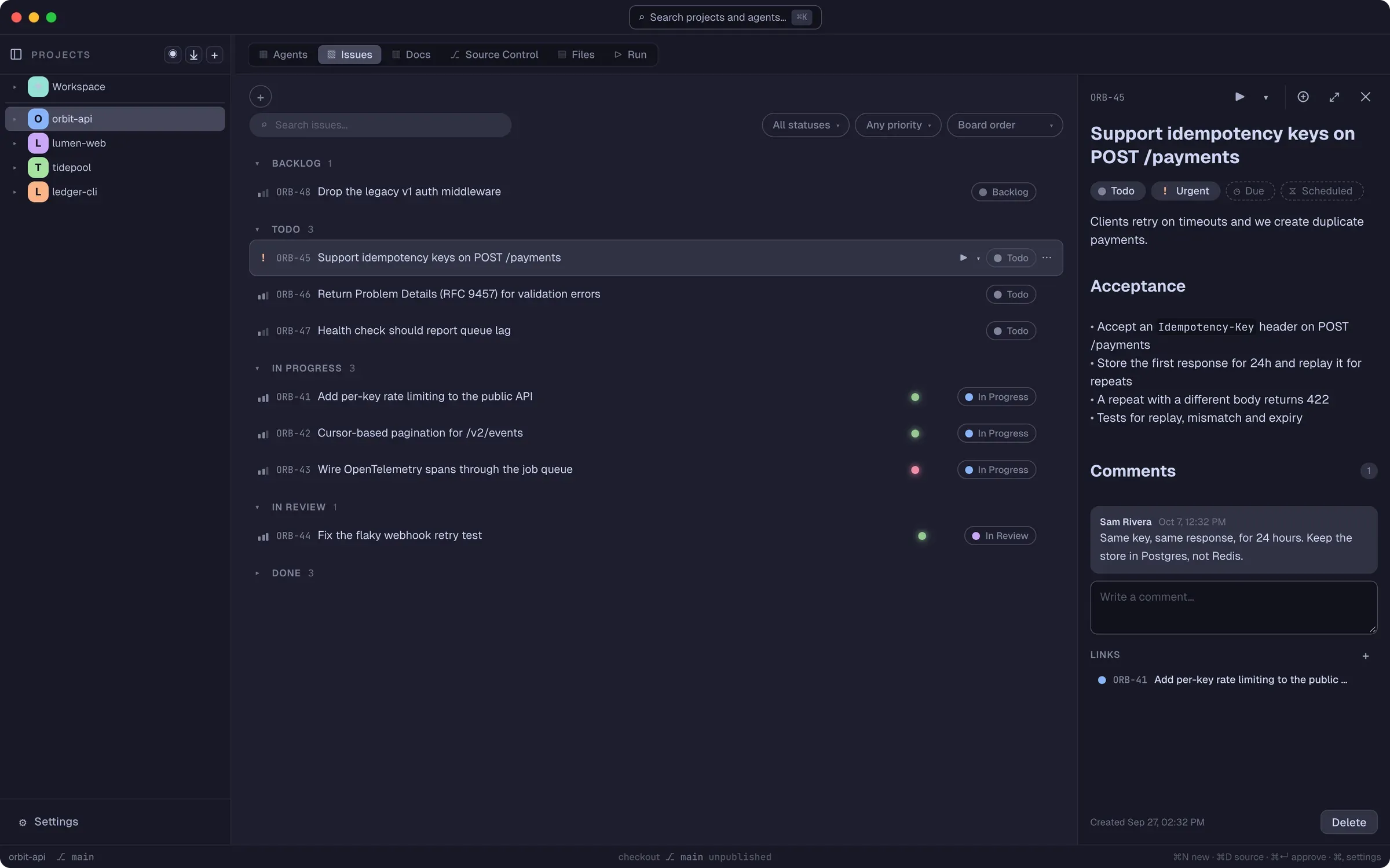 The Issues tab, a board grouped by Backlog, Todo, In progress and In review, with an issue open beside it showing its acceptance criteria, a comment and a linked issue