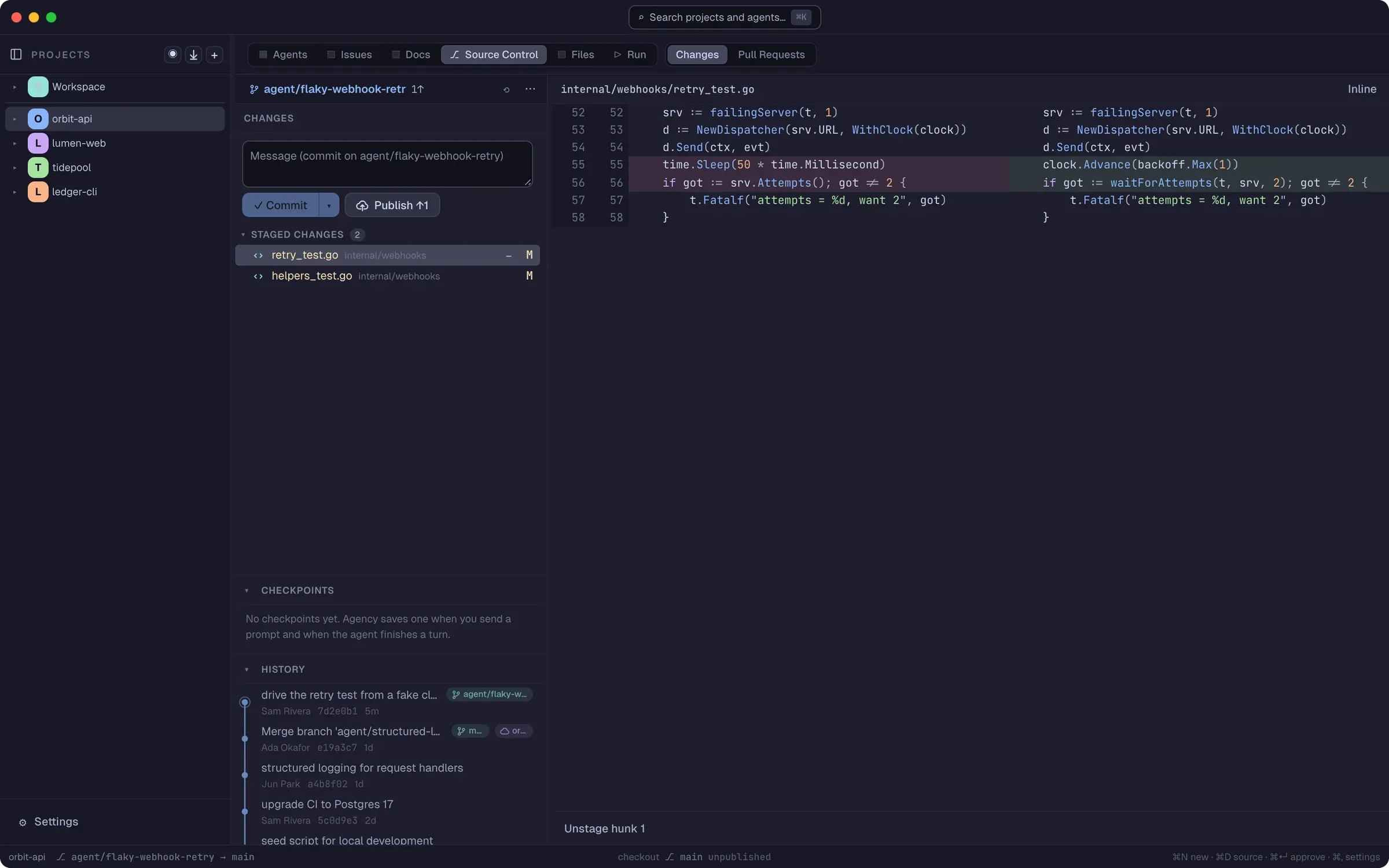 Source control in Agency, a side-by-side diff of an agent's fix to a flaky test, the commit form for its branch and the branch history