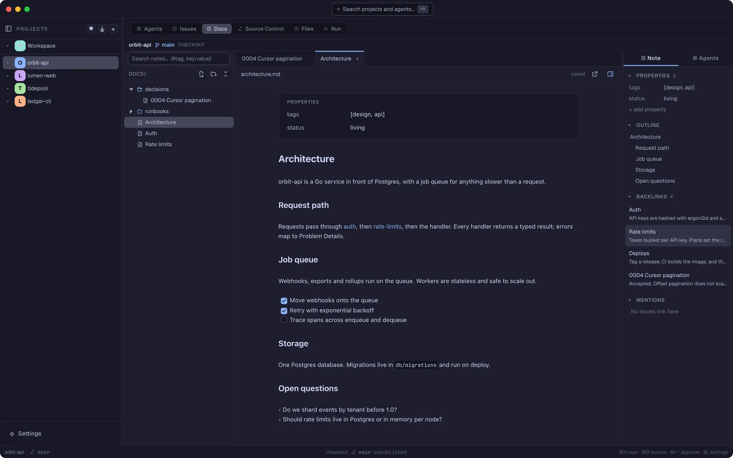 The Docs tab, an architecture note open with its properties, headings and a task list, with its outline and backlinks alongside