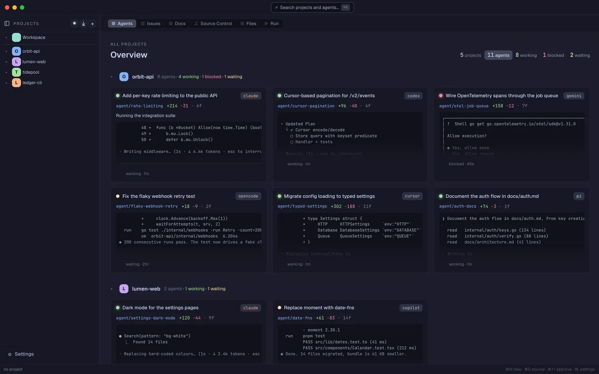 The Agency overview, eleven agents across five projects in one window, each tile showing its branch, its diff and its live terminal