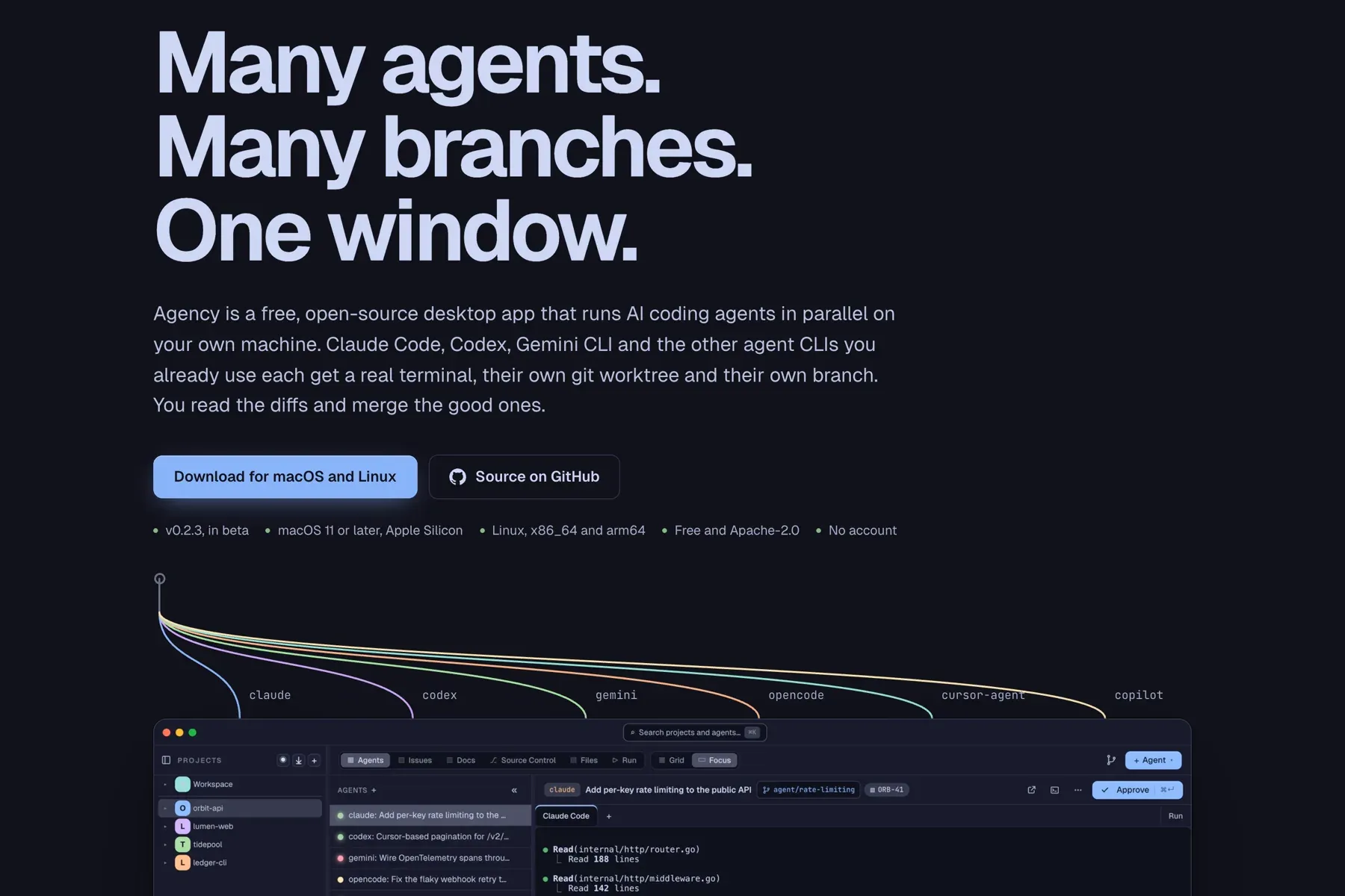 The Agency site — "Many agents. Many branches. One window." — with branches fanning out to six agent CLIs above the app