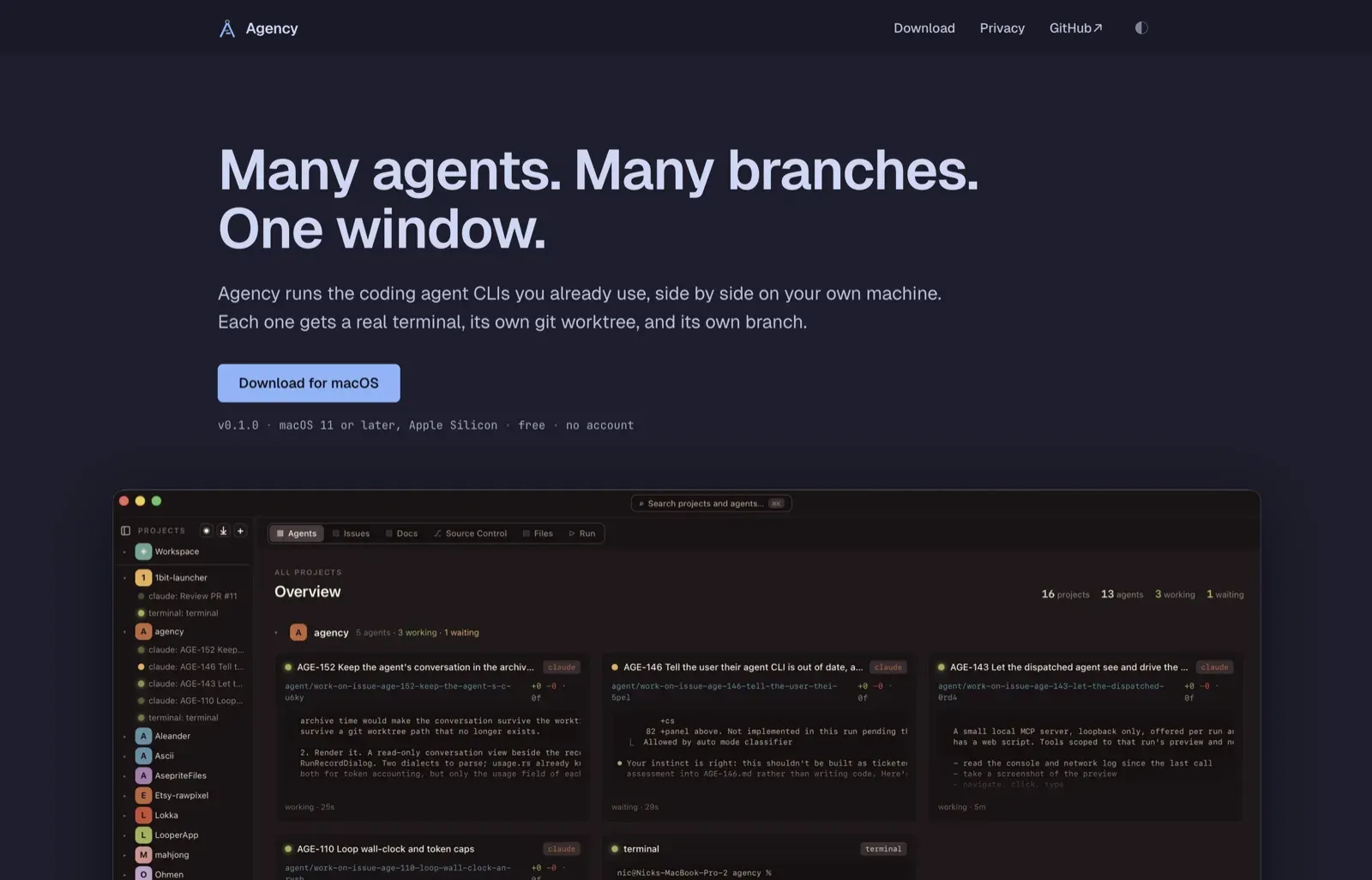 The Agency site — "Many agents. Many branches. One window." — above a shot of the app running several agents at once