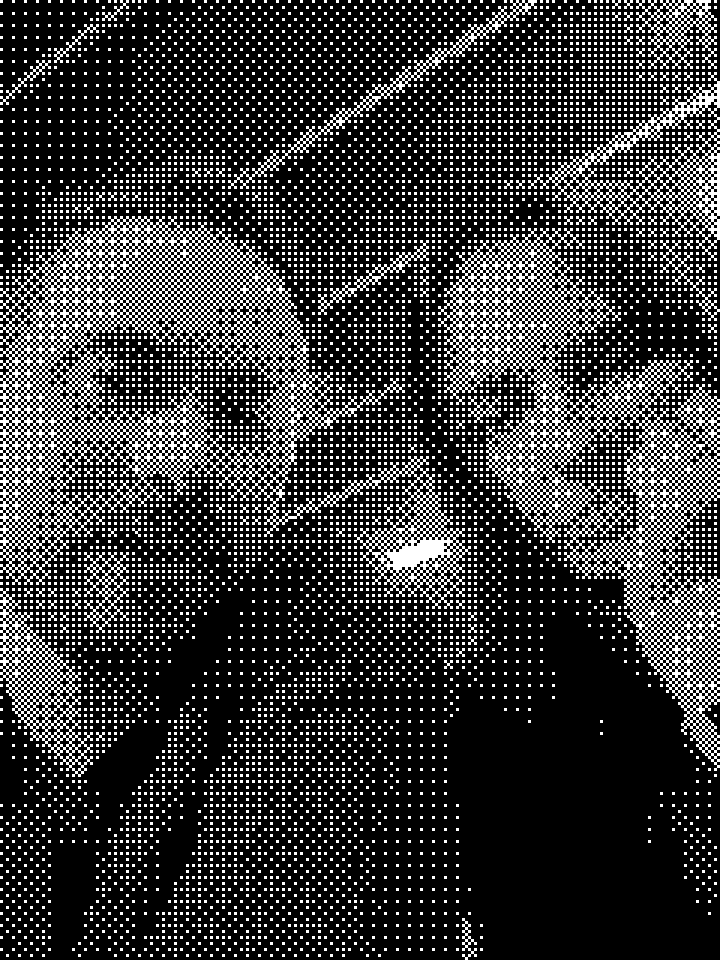 Two figures under an umbrella, in dithered black and white