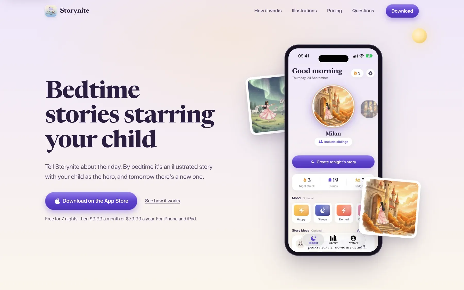 The Storynite site — "Bedtime stories starring your child" — beside the app's home screen and two of its watercolor illustrations