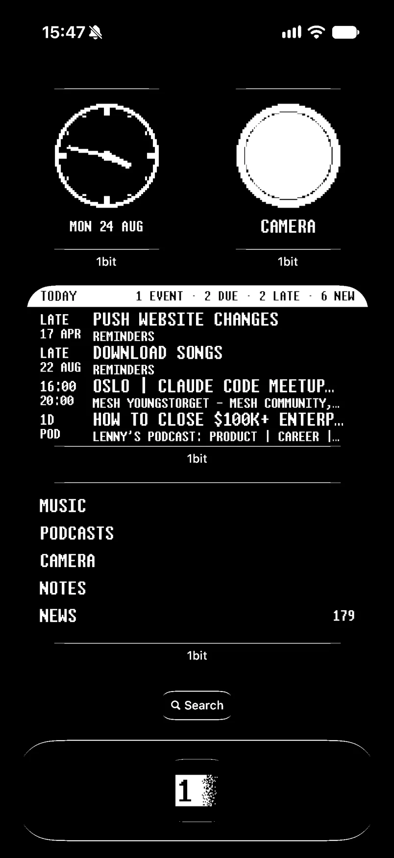 An iPhone home screen with black wallpaper carrying only 1bit widgets: clock, camera, Today, and the launcher list