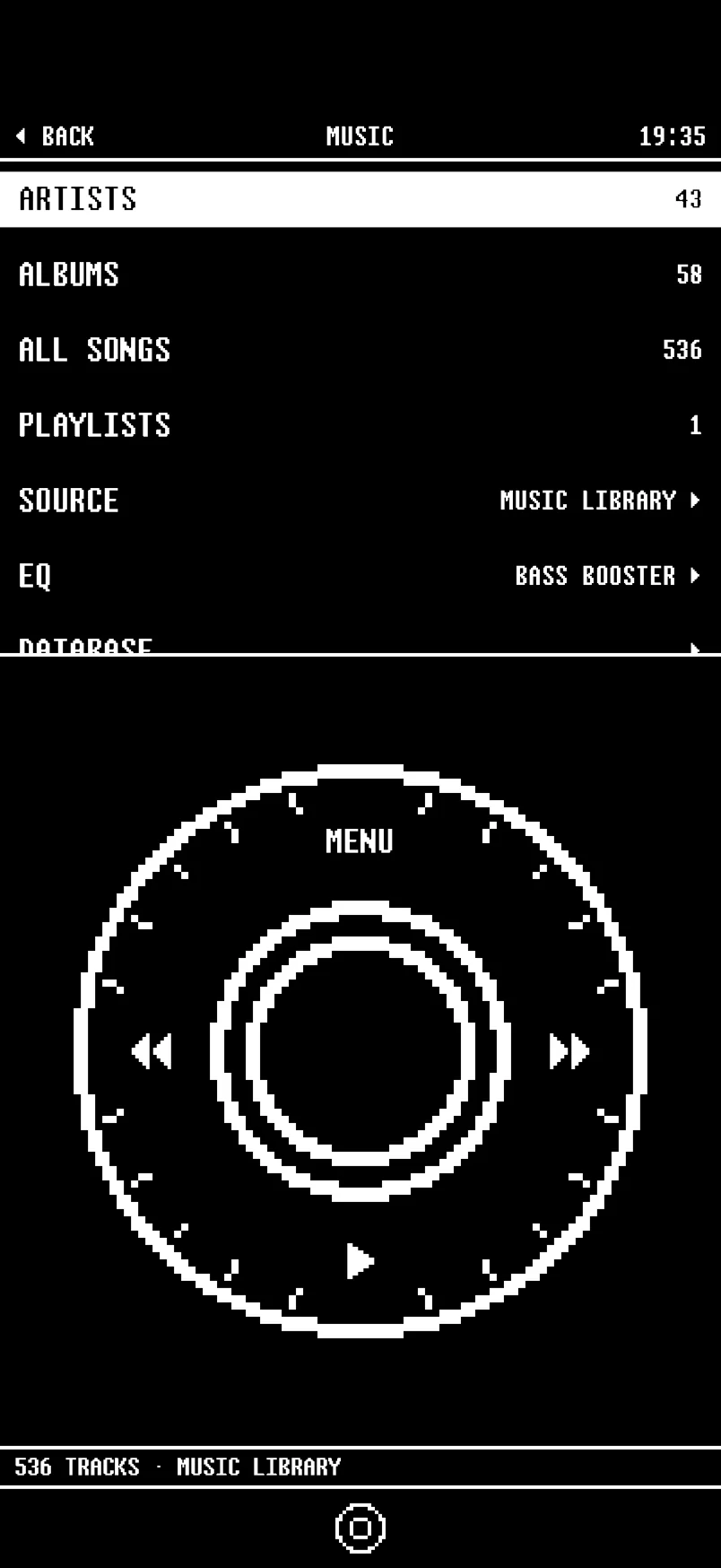 The 1bit music player with artists and albums above a drawn iPod-style click wheel
