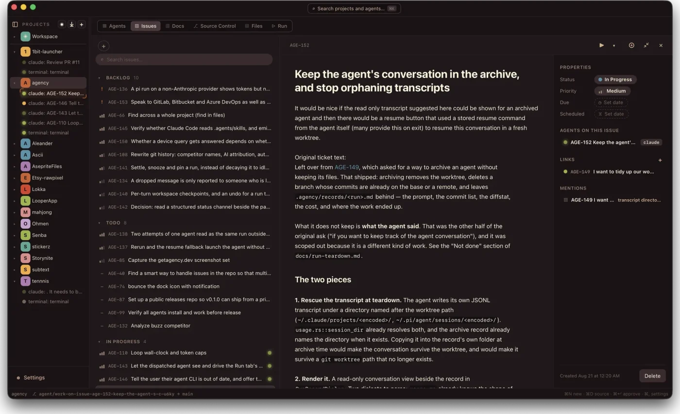 The Issues tab in Agency: a board of markdown issues grouped by backlog, todo and in progress, with one issue open and an agent assigned to it