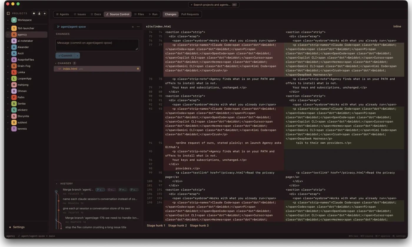 Source control in Agency: a side-by-side diff open for review, a commit form for the agent's branch, and the branch history graph
