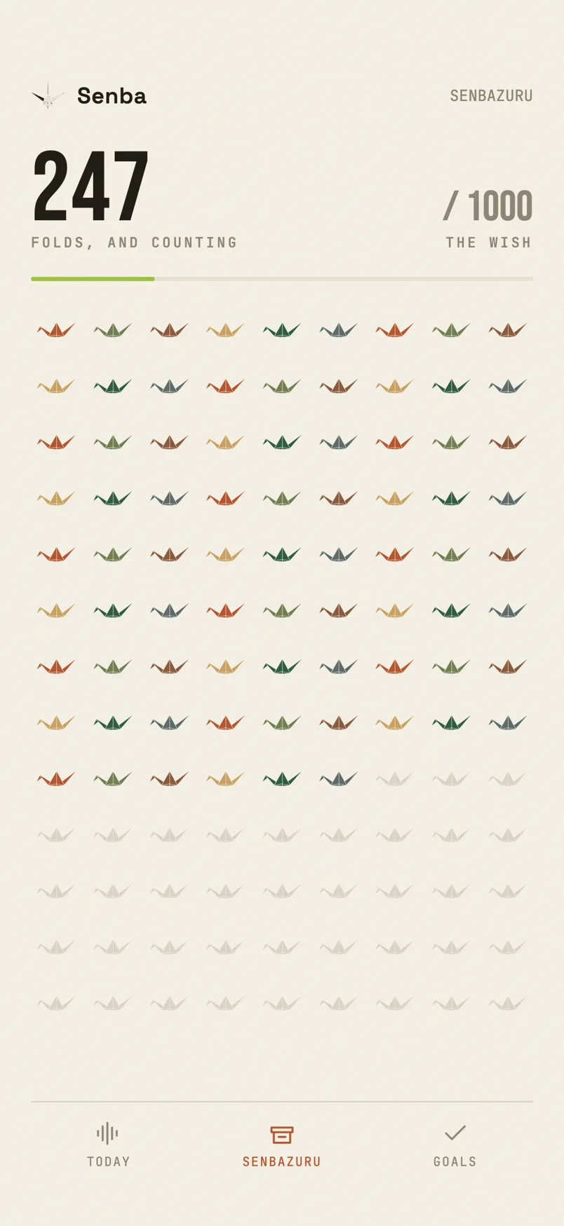 The Senba archive: folds shown as a grid of paper cranes tinted by thread